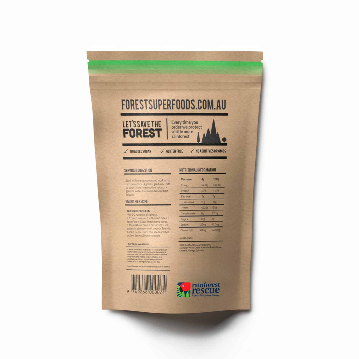 Back of Naked Greens Capsules pouch from Forest Super Foods showing nutrition facts and rainforest rescue support badge