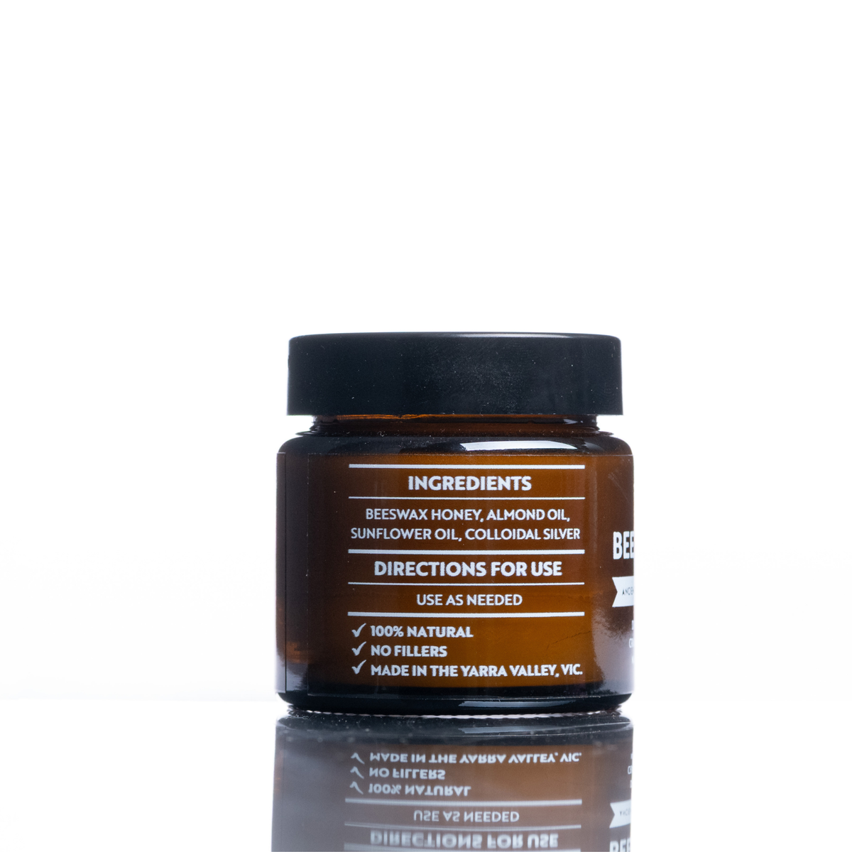 Bee Repair Balm amber jar showing natural ingredients and usage instructions made in Yarra Valley Australia by Forest Super Foods