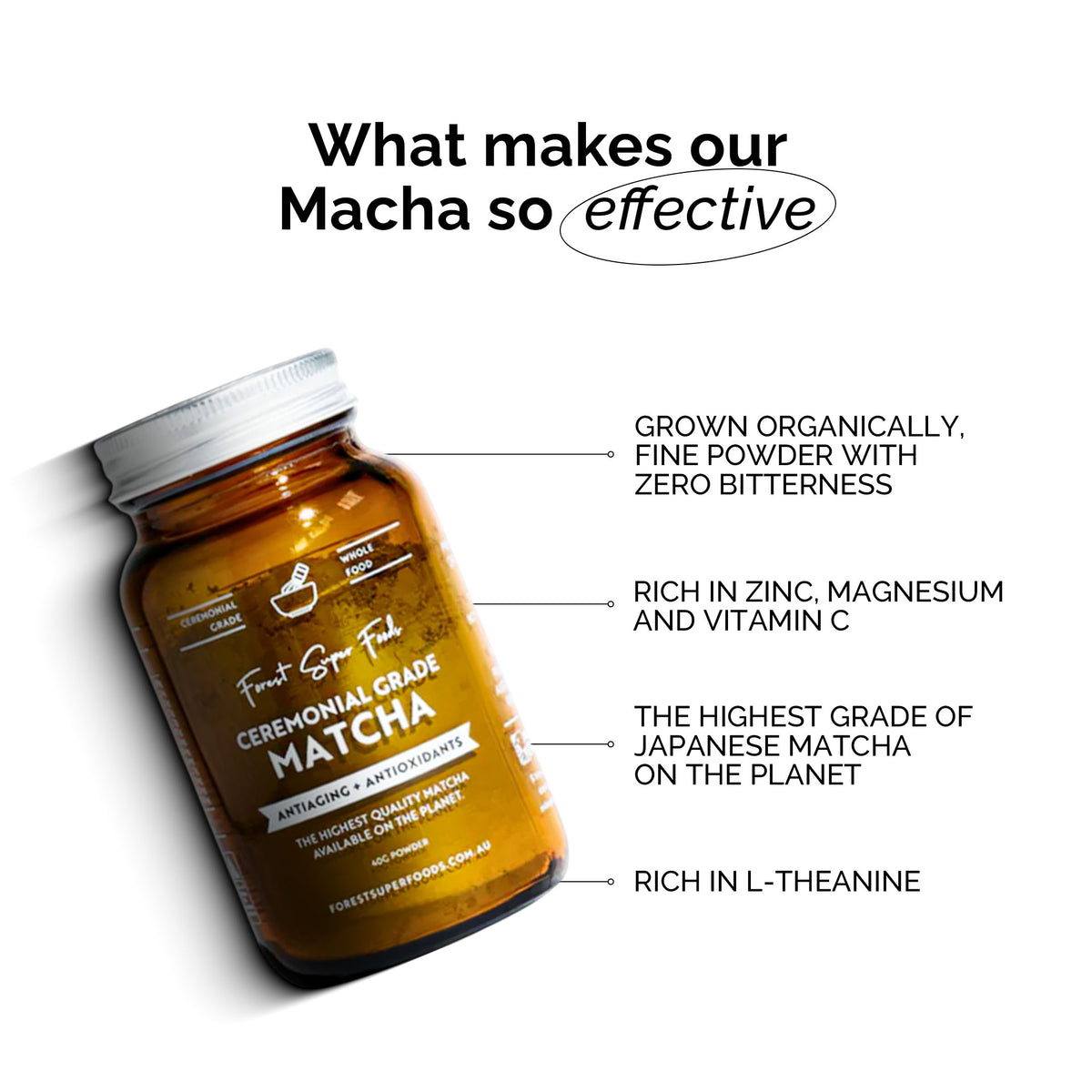 Ceremonial Grade Matcha Green Tea Leaf jar highlighting organic growth, zinc, vitamin C, L-theanine, and high-quality fine powder