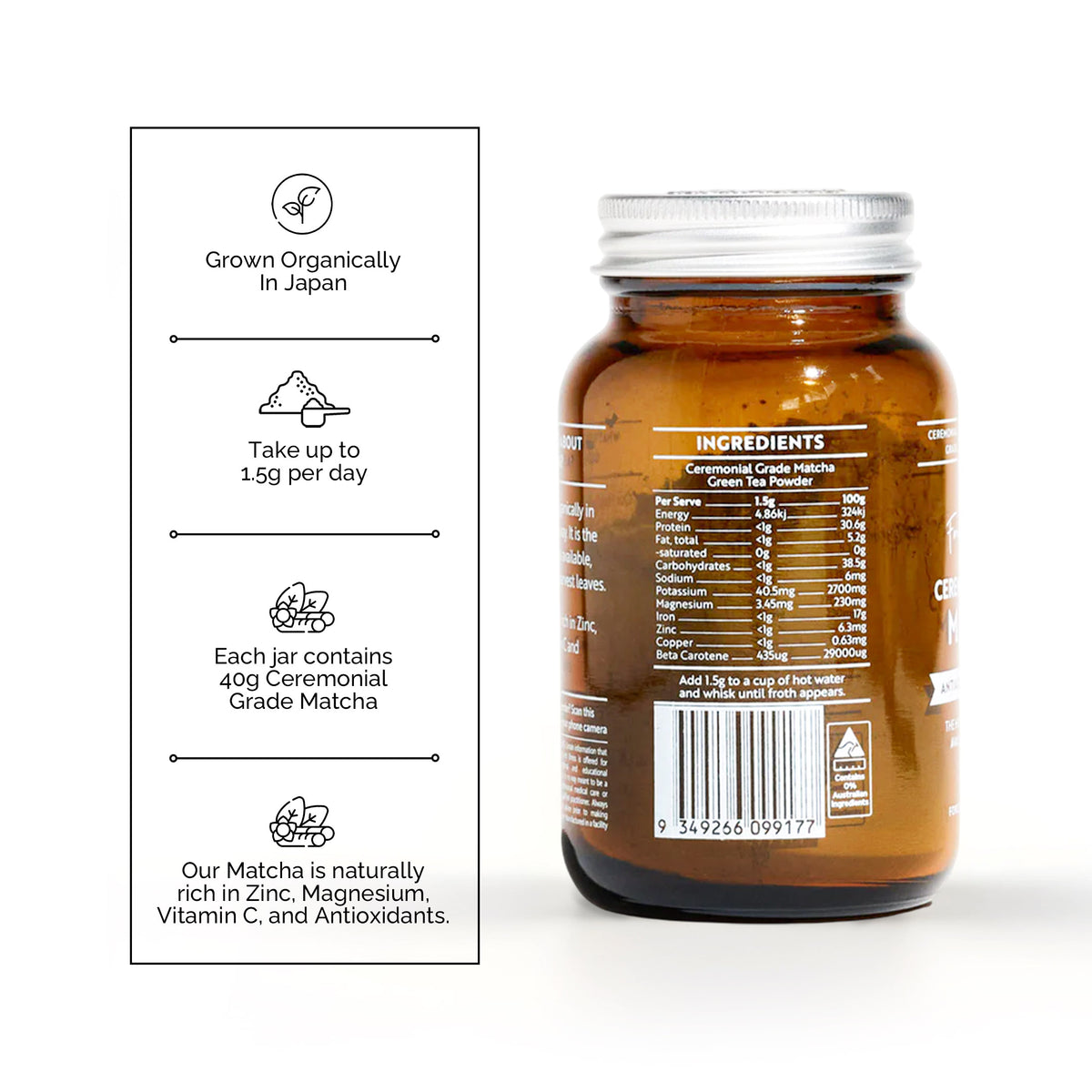 Ceremonial Grade Matcha Green Tea Leaf jar with detailed nutrition, grown organically in Japan, rich in zinc and vitamin C