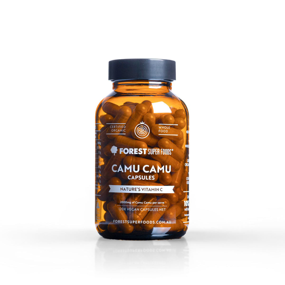 Amber bottle of Forest Super Foods Certified Organic Camu Camu Berry Capsules with vegan capsules visible inside