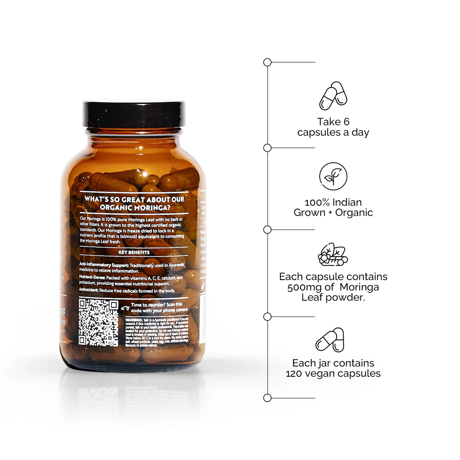 Back label of Forest Super Foods Moringa capsules showing usage instructions, dosage, and key moringa benefits including 500mg of moringa leaf powder per capsule, vegan formulation, and anti-inflammatory support.